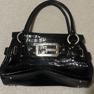 Guess Shiny Black Croc-Embossed Shoulder Bag